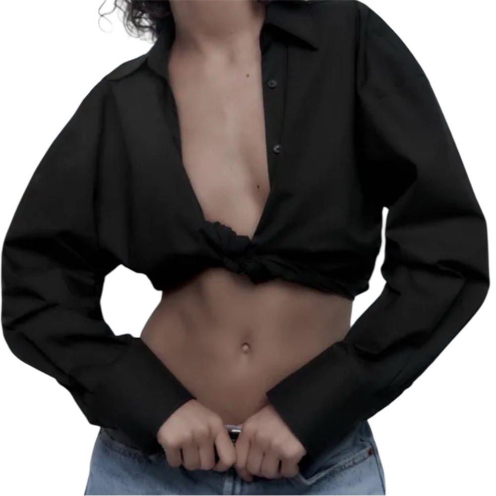 Zara Black Cropped Button-Down Tie Front Shirt
